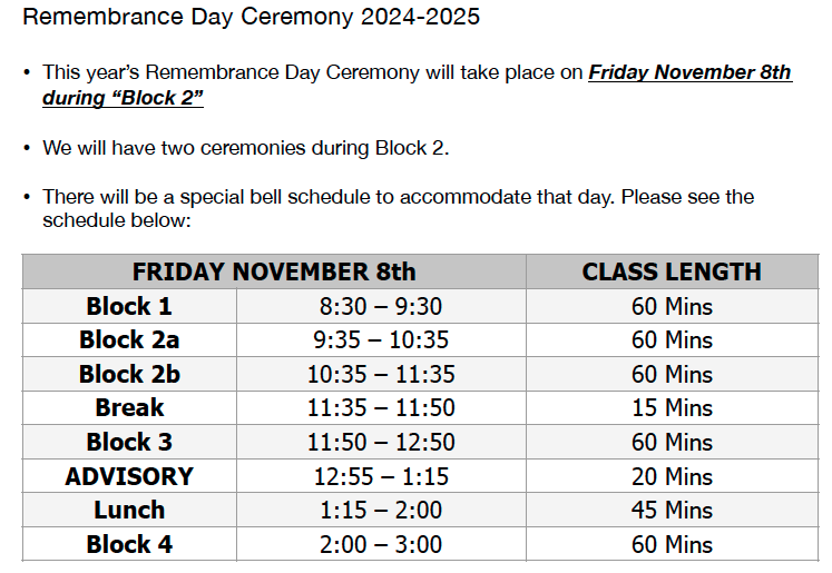 Remembrance Day Ceremony Alternative Schedule