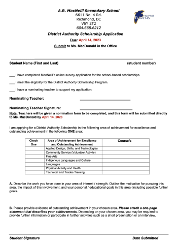 District Authority Scholarship Application 2023 sheet