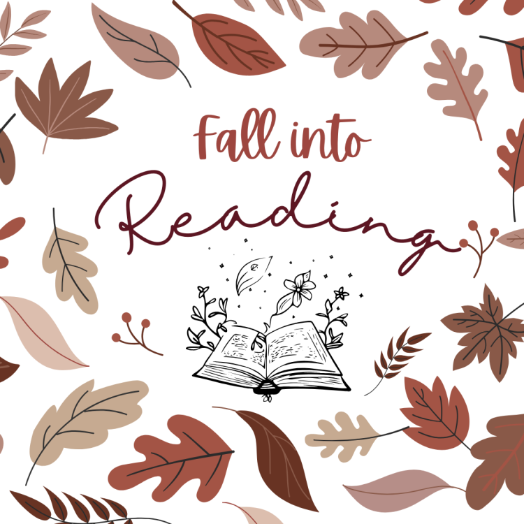 Cartoon leaves in various reds and browns surround dark text that reads "Fall Into Reading" on a white background